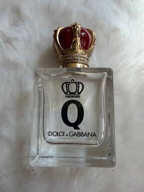 Empty Dolce & Gabbana Q Eau de Parfum — Clear Glass with Gold & Red Crown